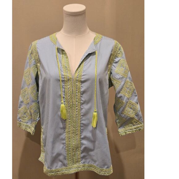 Gretchen Scott Designs Embroidered Top Blue Yellow Boho Beach Cruise Medium - Picture 2 of 10